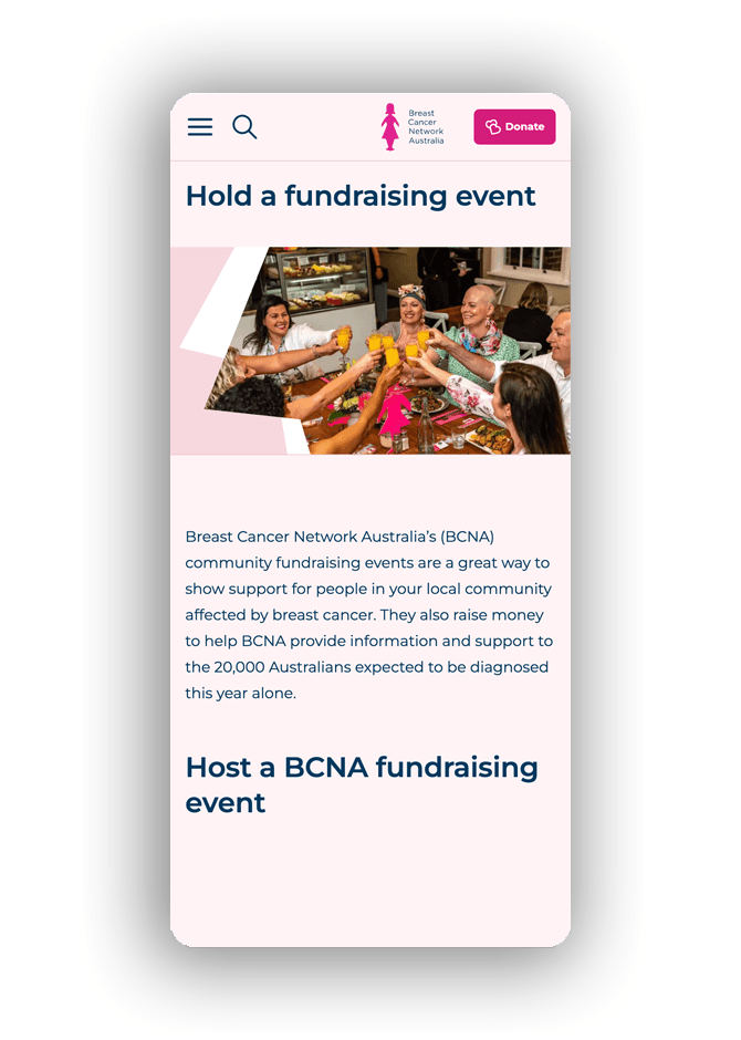 BCNA fundraising page on mobile