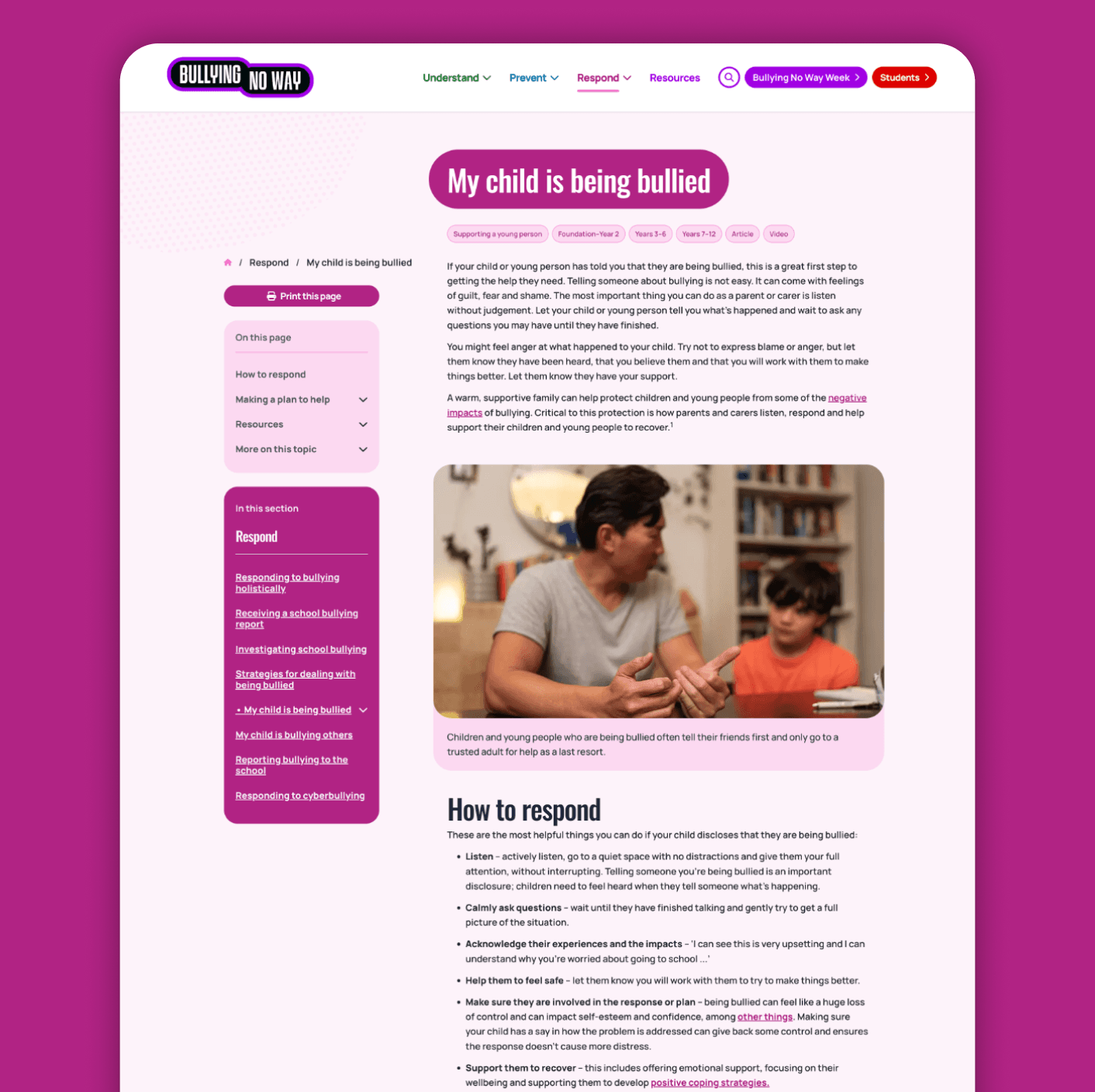 Bullying No Way Respond content with sidebar controllable from Umbraco with modular content block layout