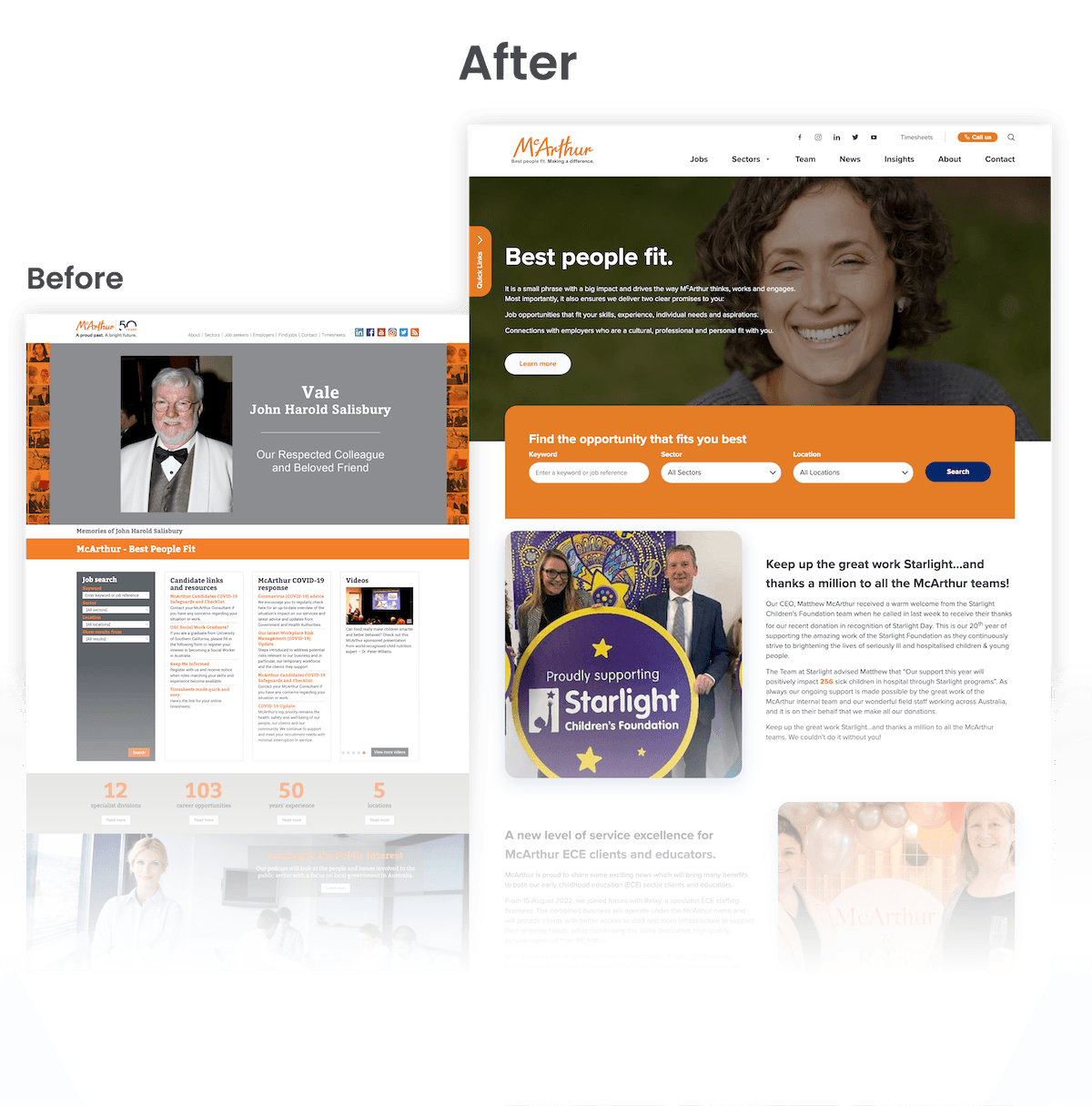 Comparison of the McArthur website before and after the redesign