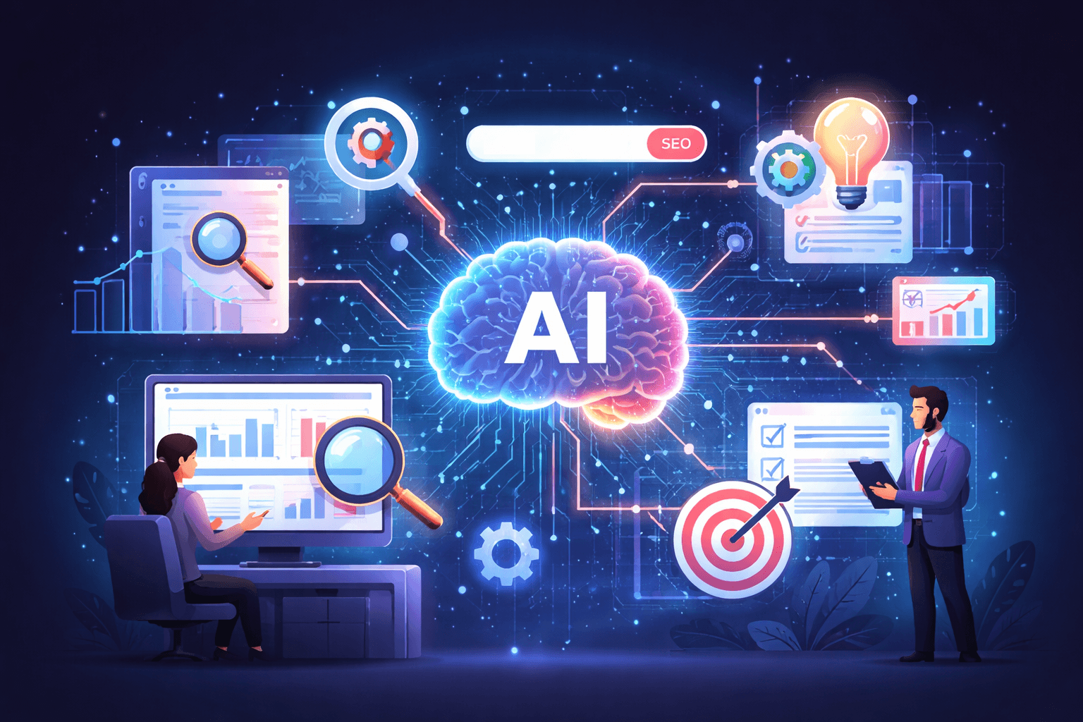 Colourful image of AI and how it works with SEO
